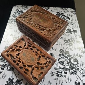Carved Wooden Trinket Box Set - Brown Decorative Keepsake